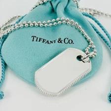 24" Tiffany & Co Mens Coin Edge ID Dog Tag Pendant on Bead Chain Necklace