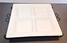 CENTURY Square White Divided Serving Dish with Black Metal Stand 12"