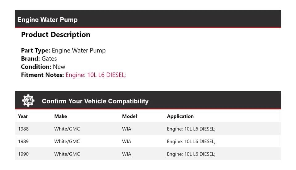 For 1988-1990 White/GMC WIA 10L L6 DIESEL Engine Water Pump Gates 1989 - Image 2 of 4