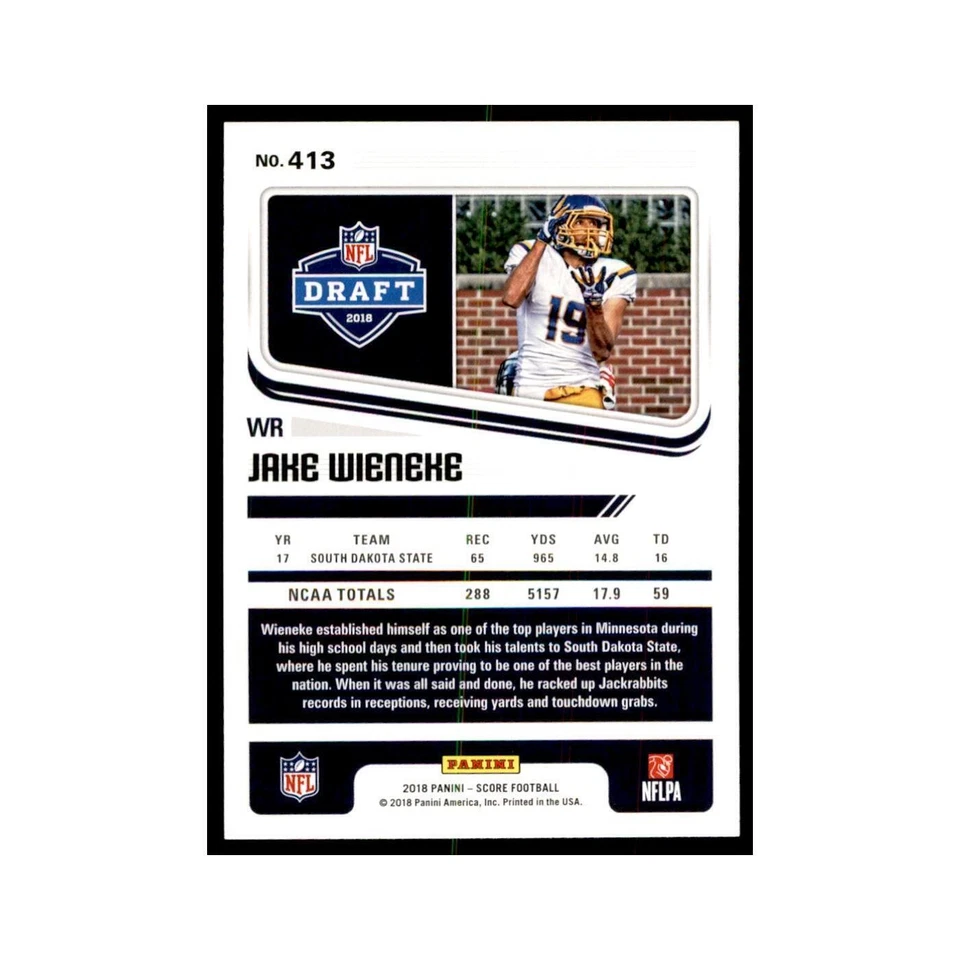 Jake Wieneke Rookie 2018 Score #413 Baseball Cards Football Card NM - Image 2 of 3