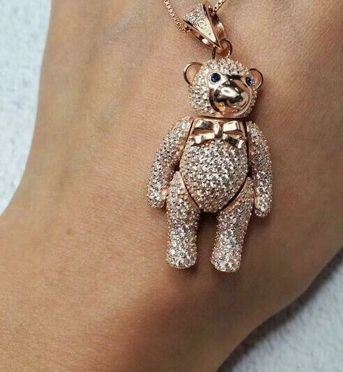 Christmas Gift 2Ct Simulated Diamond Men s Teddy Bear Pendant 925 Silver