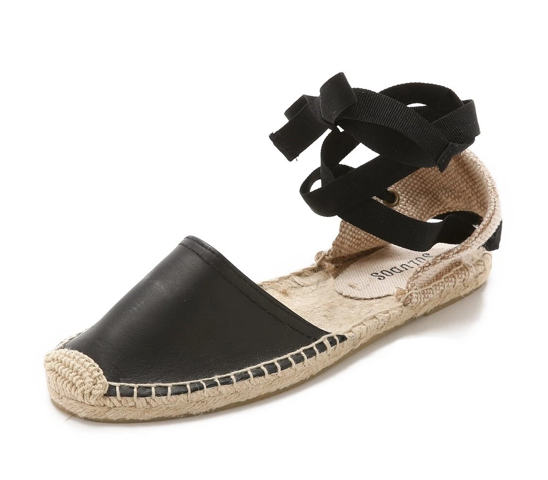SOLUDOS 231573 Womens Black Leather Espadrille Sandals Size 6