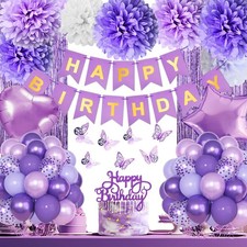 Purple Birthday Decorations with Balloons, Banner, Pom Poms Fringe Curtain