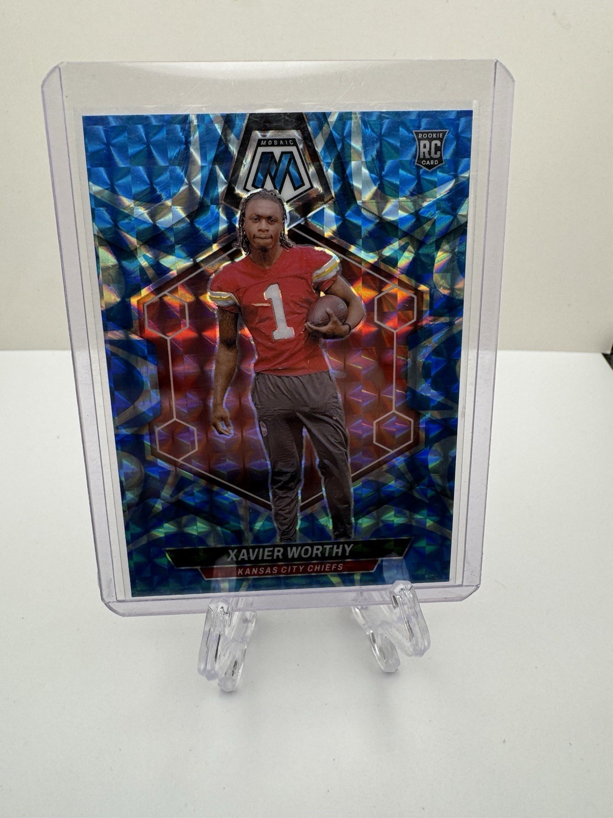 2024 Panini Mosaic - Rookies Xavier Worthy #328 Reactive Blue Mosaic Prizm (RC)