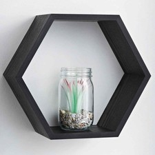 Hexagon Floating Wall Shelf Unit Black Wooden Honeycomb Shelves for Living Room