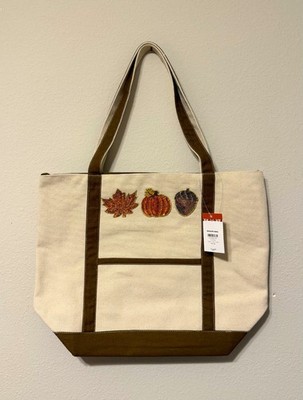 NWT Kirkland's Home Fall Mocha Canvas Tote Bag Sequin Appliques Zip Top NWT
