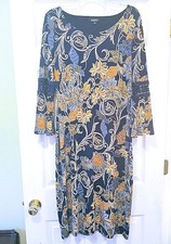 Glamour Size 14 Printed Embroidered Bell Sleeve Midi Dress Navy Blue Gold