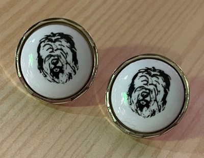 Old English Sheepdogs Vintage Earrings Studs Enamel Dog Themed Jewelry OES Furry