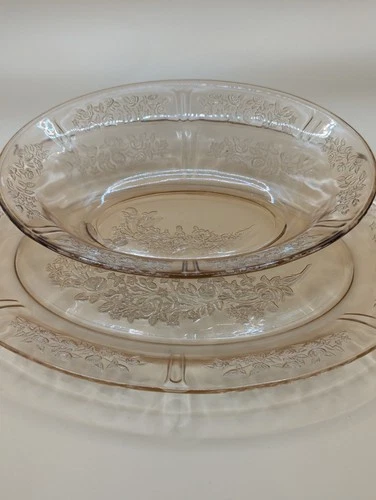 Pink Depression Glass Sharon / Cabbage Rose 12" Oval Serving Platter &  Bowl Set