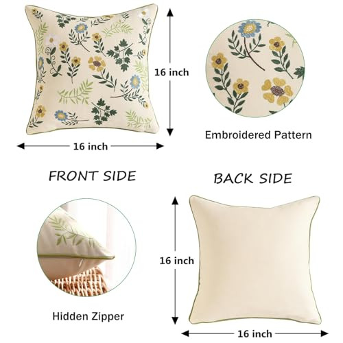 Decorative Pillowcases 16x16 inch Pack of 2 Embroidered Throw Pillow Covers - Picture 3 of 8