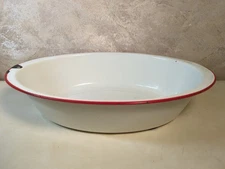 VTG White Red Enamelware Basin Oval Bowl Antique Primitive Large 17"x12”x3.5"