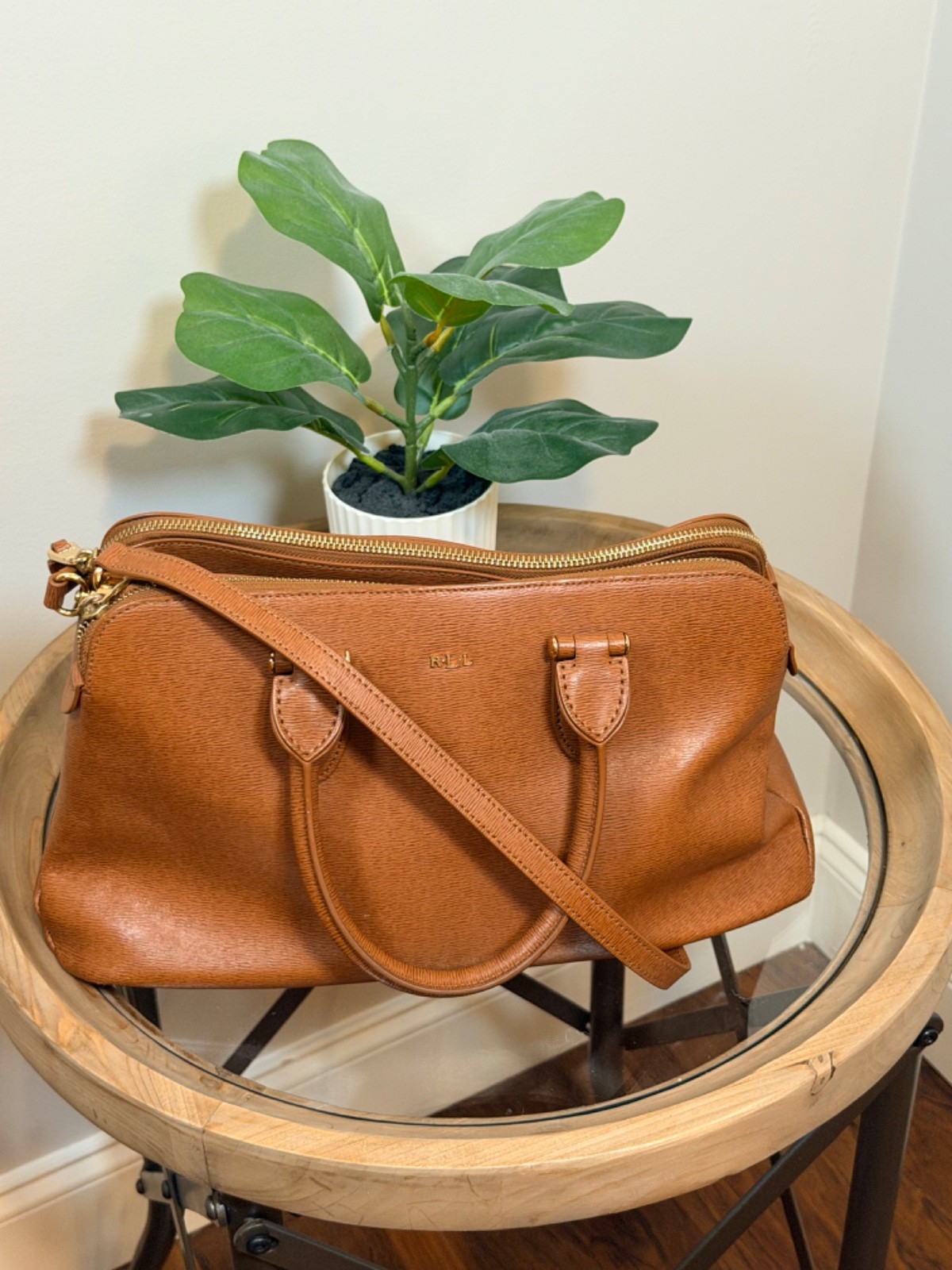 Ralph Lauren Brown Leather Satchel Shoulder Bag Double Zip Structured Handbag