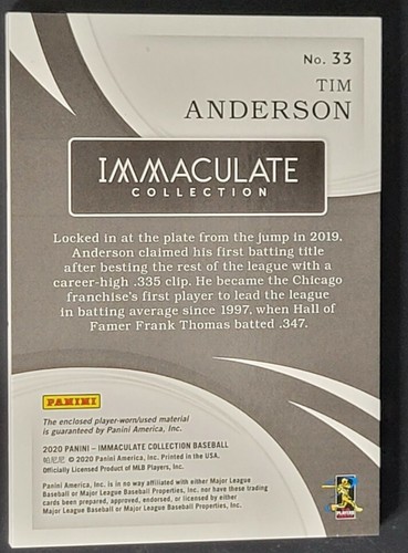 2020 Immaculate Collection #33 Tim Anderson JSY-2 color! 11/25 - Picture 2 of 2