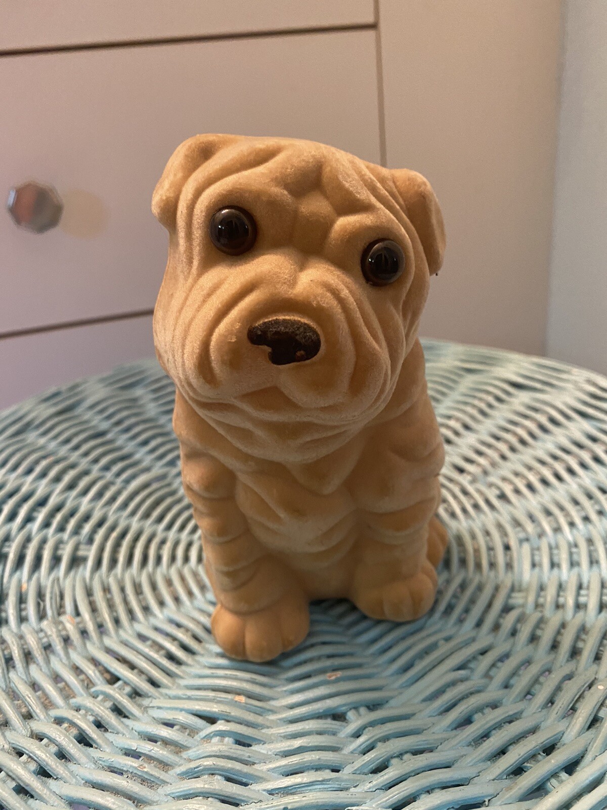 Vintage Flocked Shar Pei Dog coin piggy Bank Mr. Wrinkles puppy fuzzy Blow Mold