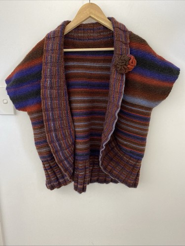 14-16 / L-XL Chunky Hand Knitted Colourful Stripe Pure Wool Open Cardigan - Picture 7 of 10