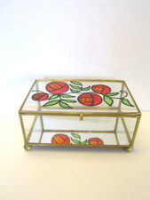 VTG Glass Brass Mirrored Hinged Lid Trinket Box Floral Jewelry Keepsake MCM