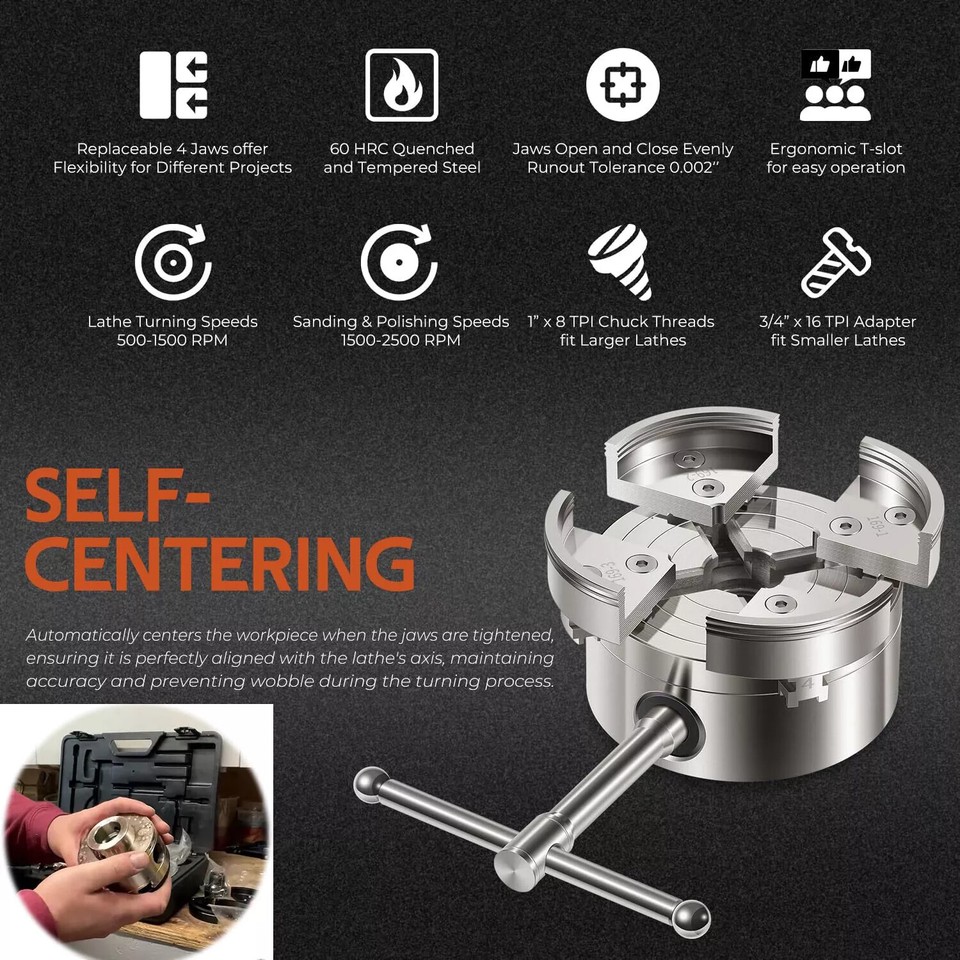 WEN LA4374 3.75-Inch 4-Jaw Self-Centering Lathe Chuck Set With 1-Inch X 8TPI Thread