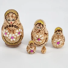 Russian Nesting Dolls 5 pc Matryoshka Burned Wood Hand Painted Flowers Gold 3.5"
