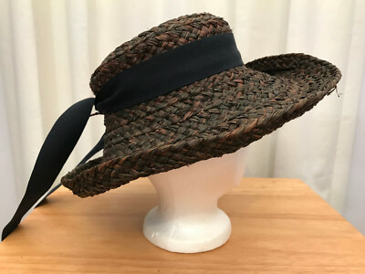 Helen Kaminski Dk Brown Newport II Raffia Straw Hat w/ Blk Ribbon