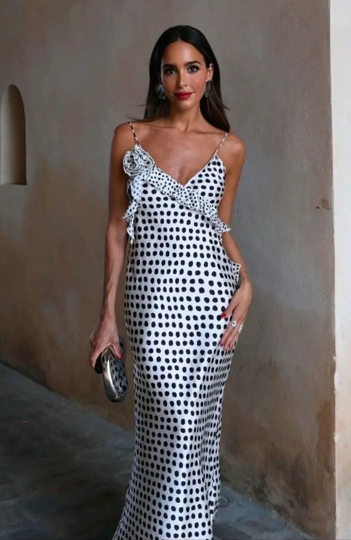 Zara Long Ruffled Polka Dot Satin Dress Black White Size XS S M