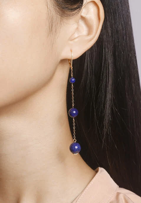 B09 Orecchino Lapislazzuli Blu Gocce Sfere Argento Sterling 925 Placcato Oro - Immagine 4 di 4