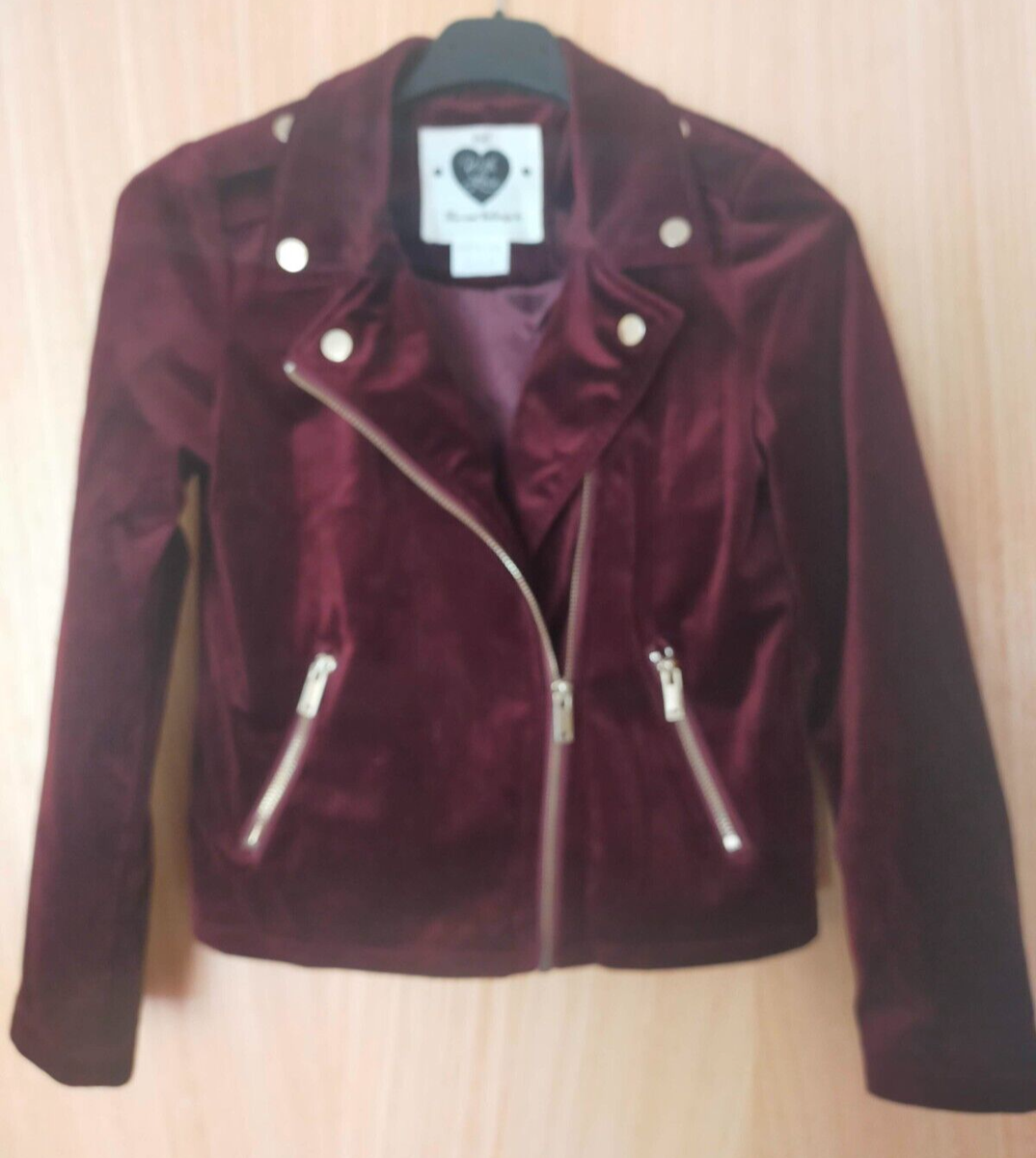 F&F Burgundy red girls velvet jacket, age 9-10, biker jacket