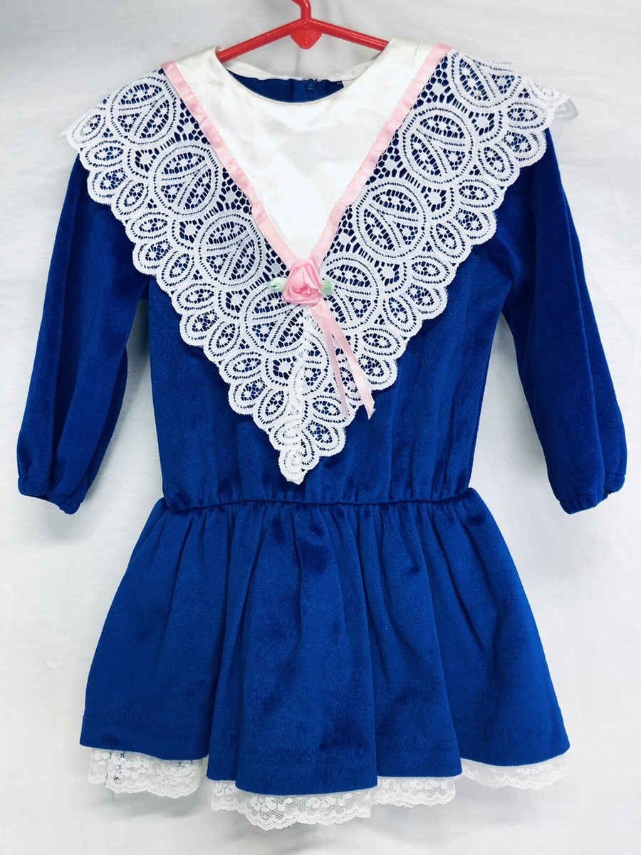 Vtg Sharalyn Dress Size Girls Blue Velvet White Lace Bib Collar Long  Sleeve