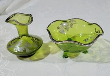 Emerald Green & Silver Viking Glass Vase and Candy Dish