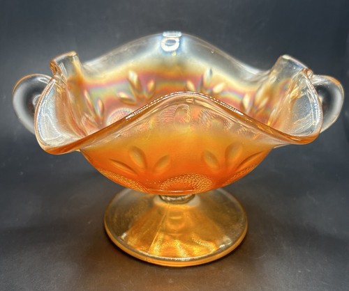 Vintage Dugan Orange Carnival Glass Two-Handled Footed Bon Bon Dish - Picture 2 of 11