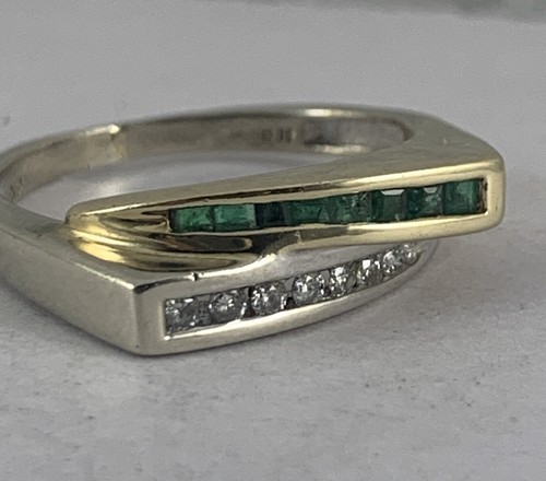 Ring Diamond Emerald Yellow + White Gold Size 7 1/4 - Picture 7 of 10