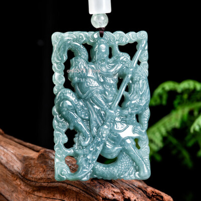 Natürlicher Grade A Jade Jadeit Blau Wasser GuanGong Gott des Reichtums Anhänger 2,3 Zoll hoch