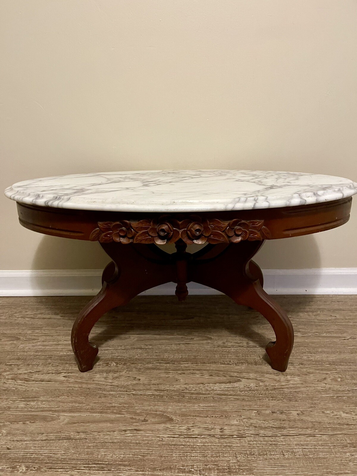 Vintage Victorian Genuine Mahogany White Marble Top Oval Coffee Table