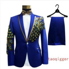 2pcs Men Peacock Prom Slim Fit Wedding Sequins Embroidery Pants one butotn Suit