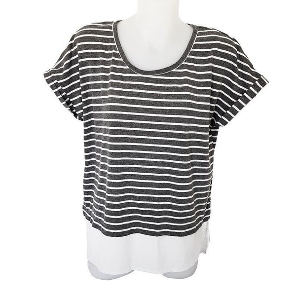 PORTMANS Grey White Short Sleeve Striped Blouse Ladies Shirt Top Tee T-Shirt