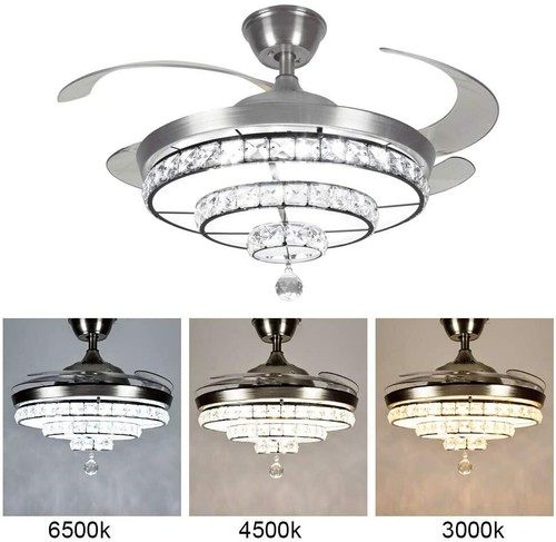DLLT Crystal Ceiling Fan with Lights 36W Ceiling Fan Remote 3 Blades Retractable - Picture 2 of 12