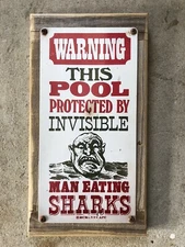 Pool Rules Protected By Man Eating Sharks Vintage Framed Sign Decor Porch Patio