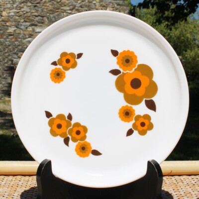 Assiette à Dessert Arcopal – Déco Florale Orange – Vintage Motif Fleuri