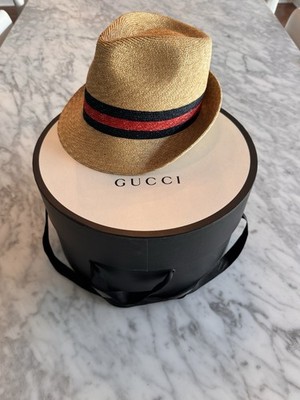 GUCCI stylish Straw Hat Sherry Line Unisex Made in Italy Size M 57 - Navy / Red 