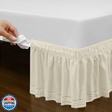 QSY Home Wrap Around Elastic Eyelet Bed Skirt Dust Ruffle Ivory, Embroidery-...