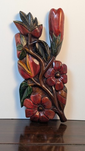 Hand Carved Vintage Wooden Floral Wall Plaque Tropical Flower Relief Carving 10"