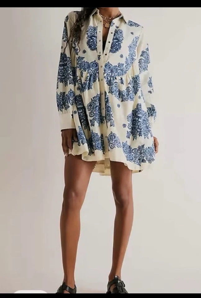 Vestido Camisa Free People Estampado Floral Suelto Con Botones Manga Larga Columpio Línea A Foto 4 de 4
