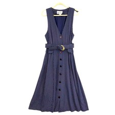 VTG Cottagecore Polka Dot Midi Dress 12 Navy Belted Button Coquette Pin-up USA