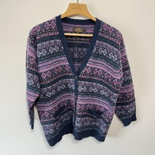 Vintage Eddie Bauer Fair Isle Cardigan Sweater Womens L Blue Wool Cozy 80s Fishe