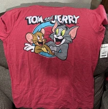 Men's Tom And Jerry T-shirt Red Cartoon Characters Short Sleeve Size Large