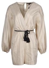 Maje Womens Linen Striped V-Neck Peasant Sleeve Romper Light Beige 38 NWT