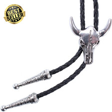 Western Vintage Bolo Tie for Men - Cow Skull Design Cowboy Tie - Black Leather B