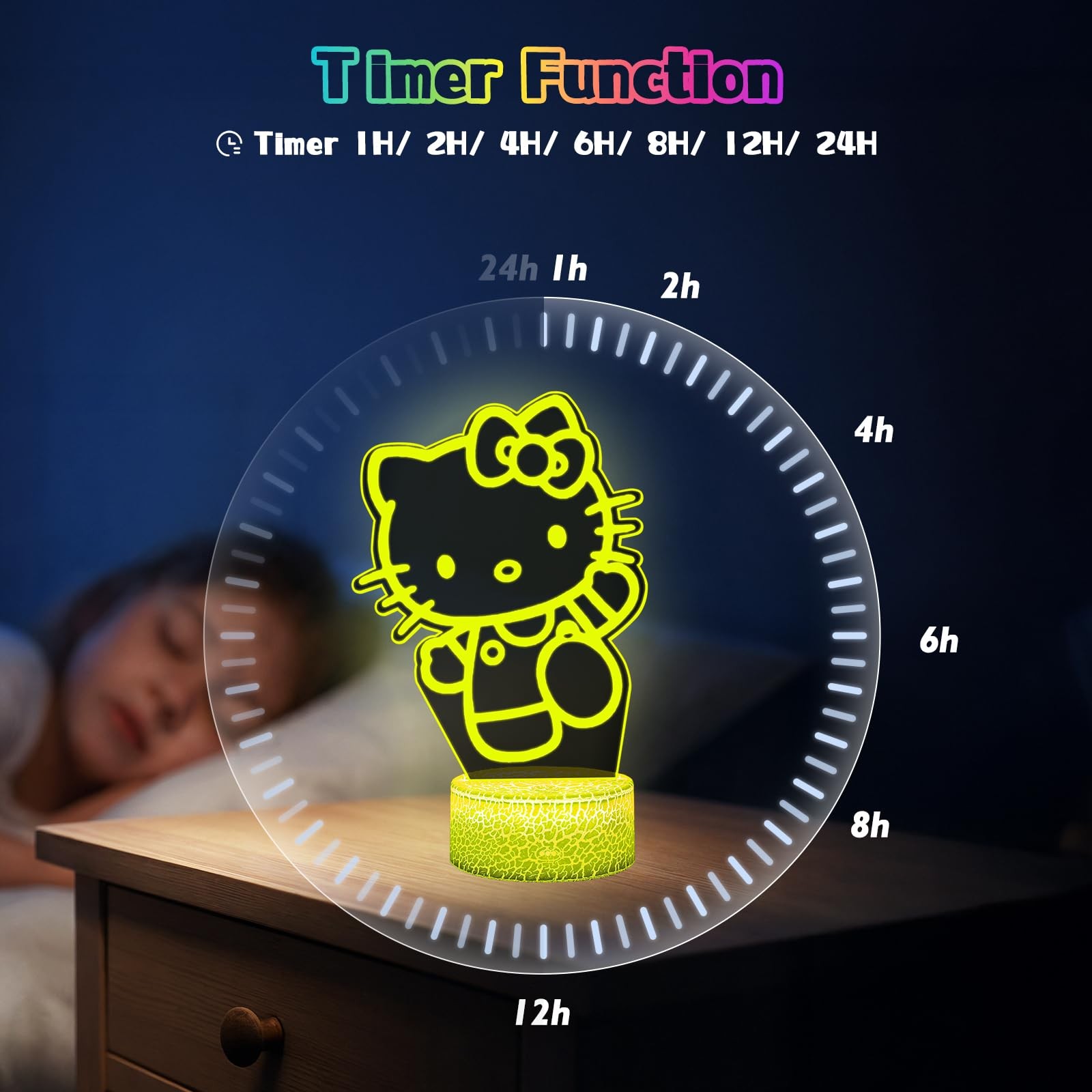 Eygerur Kitty Night Light 3D - Lampada LED da Comodino con Touch - 4
