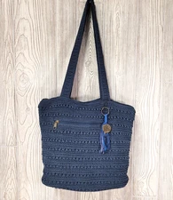 THE SAK Shoulder Bag Purse Crochet Navy Blue Double Handle