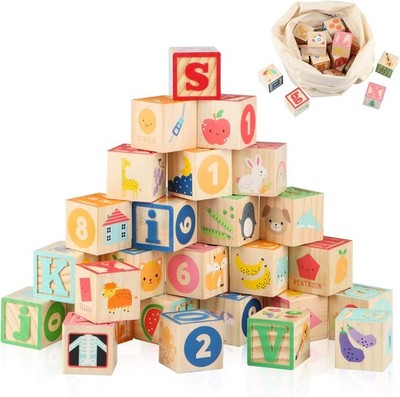 Wooden ABC Building Blocks Set Learning Toys for 3 Yrs Old & Above Boys Girls