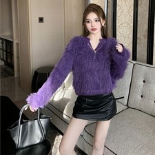 Women Faux Fur Sweater Knitted Jumper V-neck Pullover Warm Knitwear S-2XL